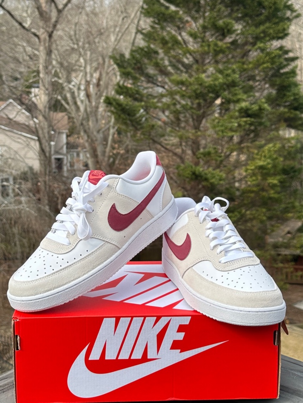 Nike Court Vision Low Womens 10 Mens 8.5 Creme Burgundy Casual Sneaker NEW